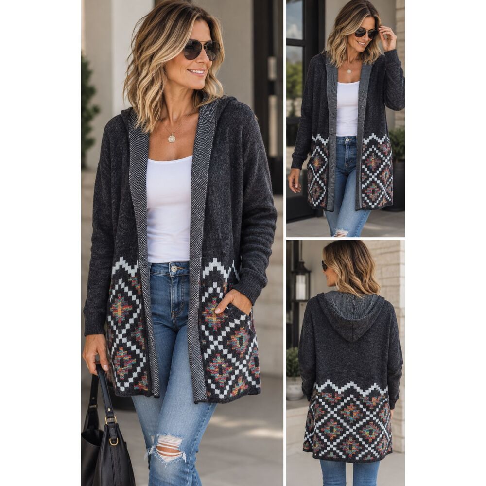 AZZ Fashion Wear Hooded Cardigan Black Geometric Boho Southwestern Knit